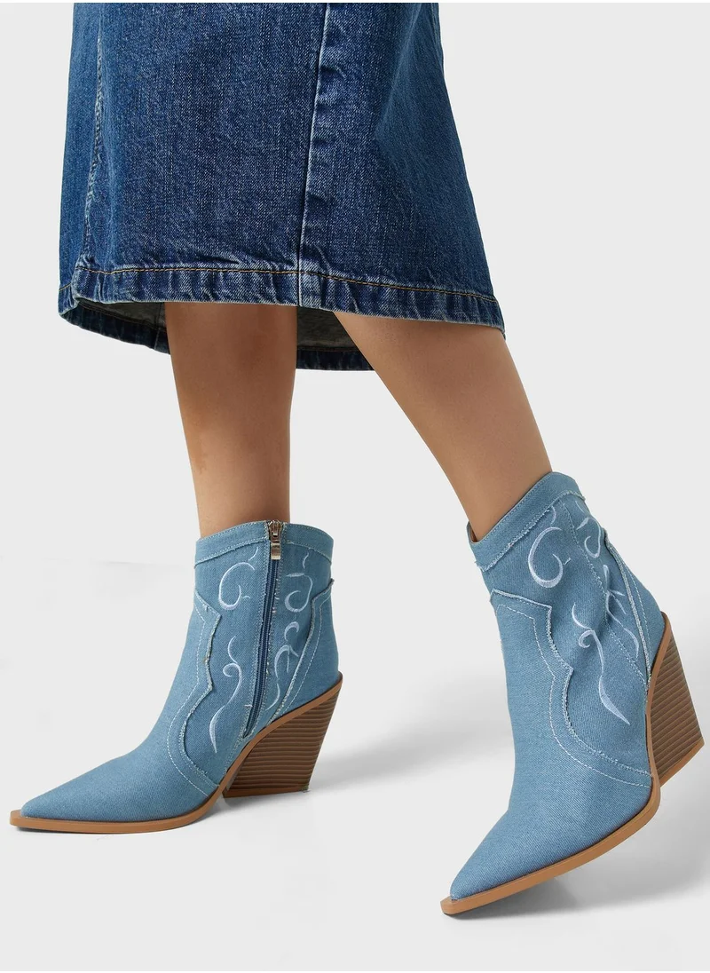 Ginger Embroidered Denim Cowboy Ankle Boots