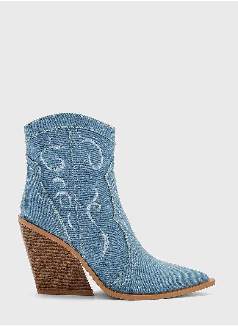 Ginger Embroidered Denim Cowboy Ankle Boots