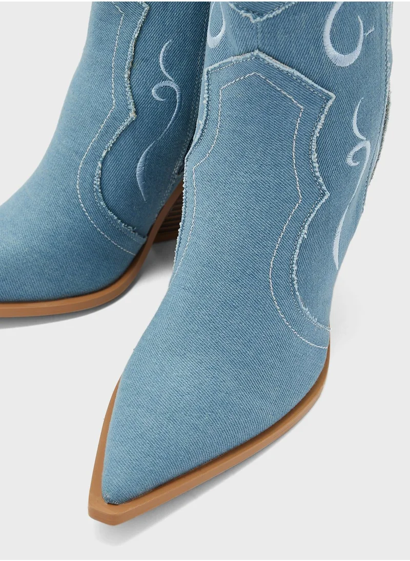 Ginger Embroidered Denim Cowboy Ankle Boots