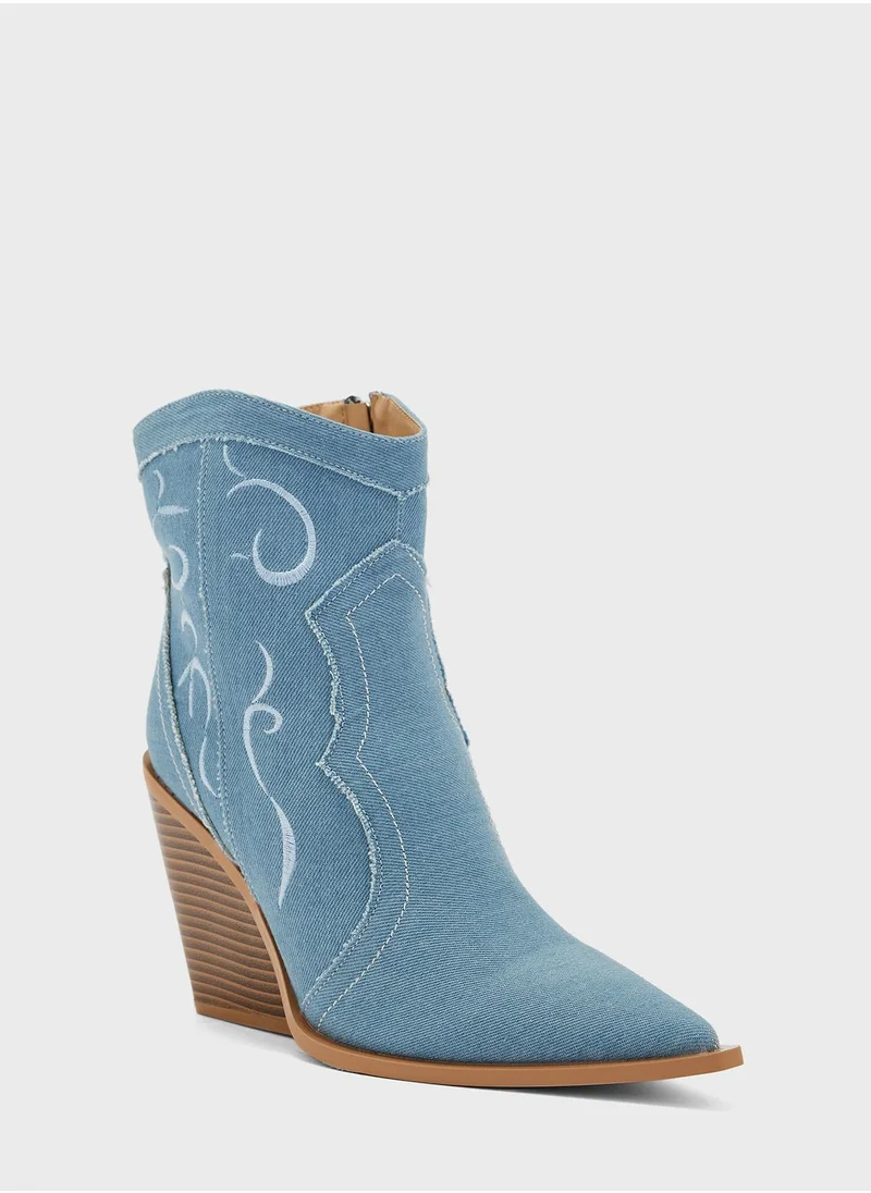 Ginger Embroidered Denim Cowboy Ankle Boots