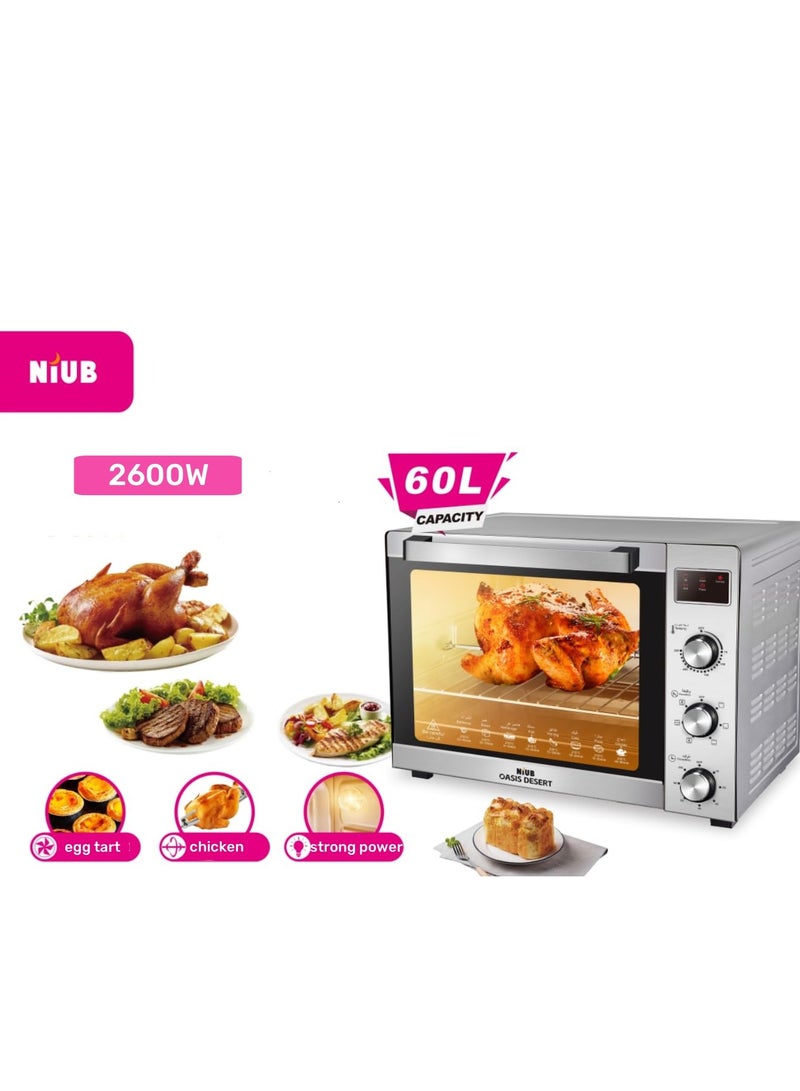 NIUB Electric Roaster Oven, 60L 2600W Stainless Steel Oven with Grill Combo, New Ultra-Fast Convection System, Temperature 70-250℃ adjustable, Top and Bottom Heater Adjustments 0%-100% - Image 2