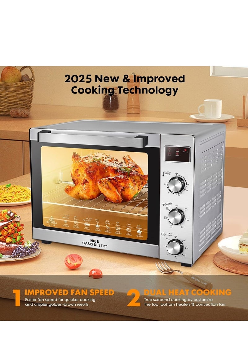 NIUB Electric Roaster Oven, 60L 2600W Stainless Steel Oven with Grill Combo, New Ultra-Fast Convection System, Temperature 70-250℃ adjustable, Top and Bottom Heater Adjustments 0%-100% - Image 4