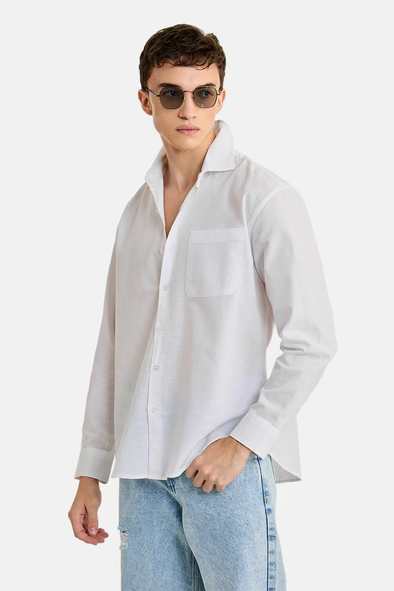 SNITCH White Solid Long Sleeve Regular Fit Casual Shirt