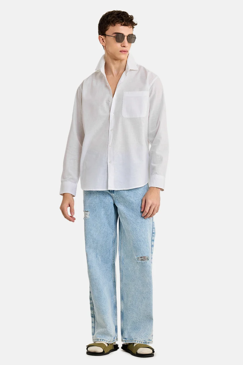 SNITCH White Solid Long Sleeve Regular Fit Casual Shirt