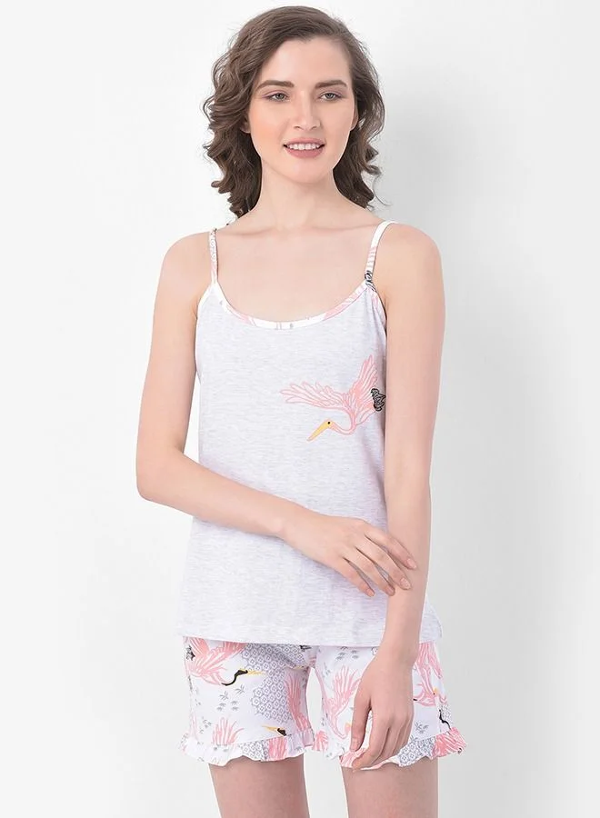 Clovia Clovia Flamingo Print Cami Top & Shorts Set in Light Grey- 100% Cotton