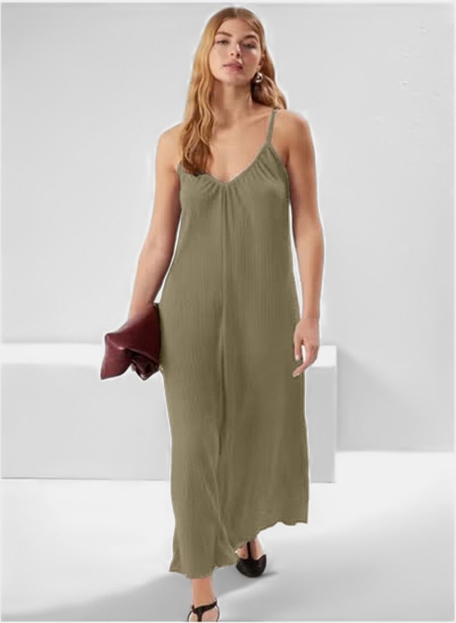 trendyol Khaki Plain Maxi Textured A-line Flexible Knit Dress