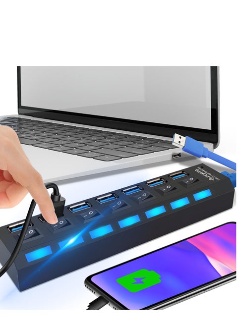 محور USB 7 منافذ – سرعة 5 جيجابت/ثانية مع مفاتيح طاقة فردية، إضاءة LED لأجهزة الكمبيوتر والأجهزة الخارجية