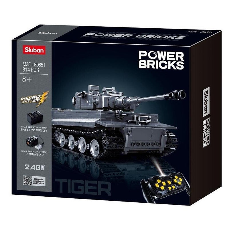 Sluban - Power Bricks RC Panzerkampfwagen Tiger Heavy Tank with Remote Control 814 Pieces - M38-B0851 - Image 1