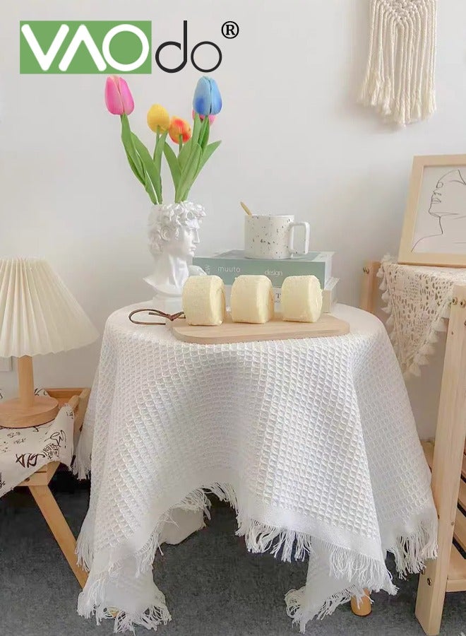 فاو دو مفرش مائدة مستدير مع شرابة، ملابس مائدة مقاومة للبقع وقابلة للغسل، أغطية مائدة عازلة للحرارة ومقاومة للماء، أغطية مائدة من قماش البوليستر أبيض - Image 1