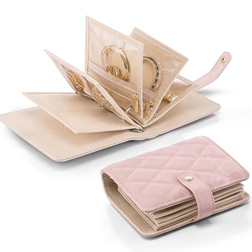 VLANDO Travel Jewelry Organizer CaseGifts for WomenPortable Jewelry Storage Book Ring Binder with Clear Zipper Velvet Pouch Bag for TravelingRingsNecklaceEarringsBraceletsBroochesSand Pink - Image 1