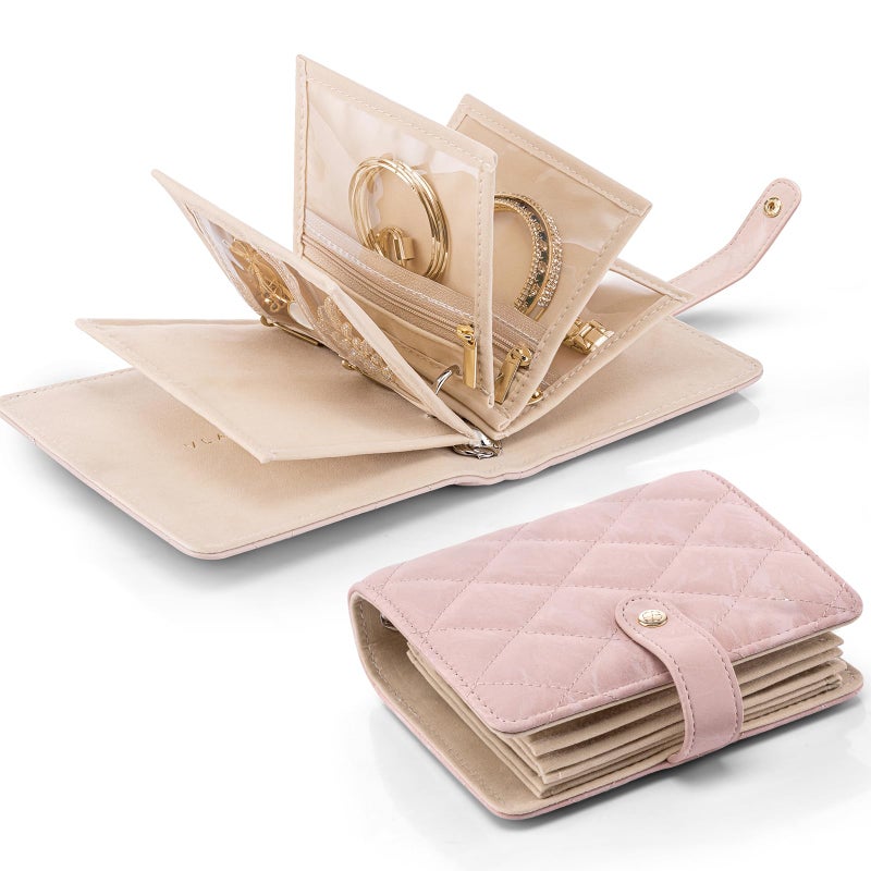 VLANDO Travel Jewelry Organizer CaseGifts for WomenPortable Jewelry Storage Book Ring Binder with Clear Zipper Velvet Pouch Bag for TravelingRingsNecklaceEarringsBraceletsBroochesSand Pink - Image 2