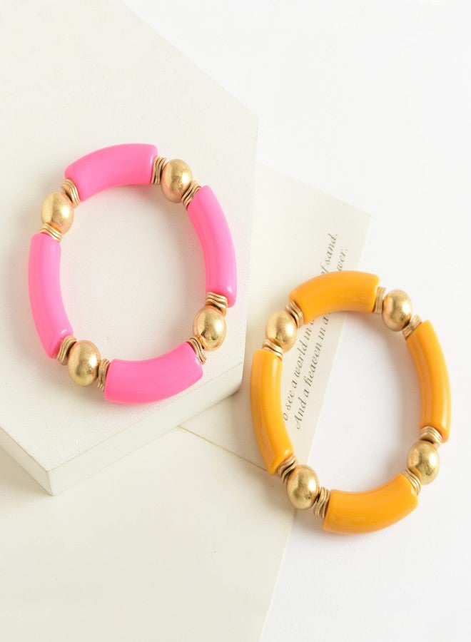 LALAPPLE Gold Plated Beaded Acrylic Bamboo Tube Bangle Bracelets for Women, Colorful Chunky Curved Tube With Gold Plated Pieces Beads Stretch Bracelet Friendship Summer Beach Jewelry, approximately 7 - Image 3