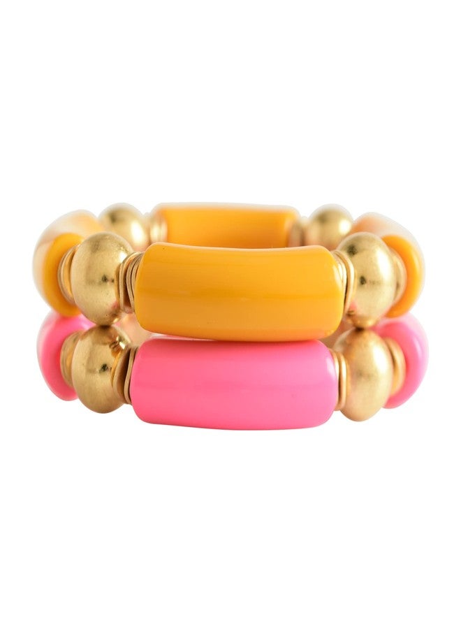 LALAPPLE Gold Plated Beaded Acrylic Bamboo Tube Bangle Bracelets for Women, Colorful Chunky Curved Tube With Gold Plated Pieces Beads Stretch Bracelet Friendship Summer Beach Jewelry, approximately 7 - Image 1