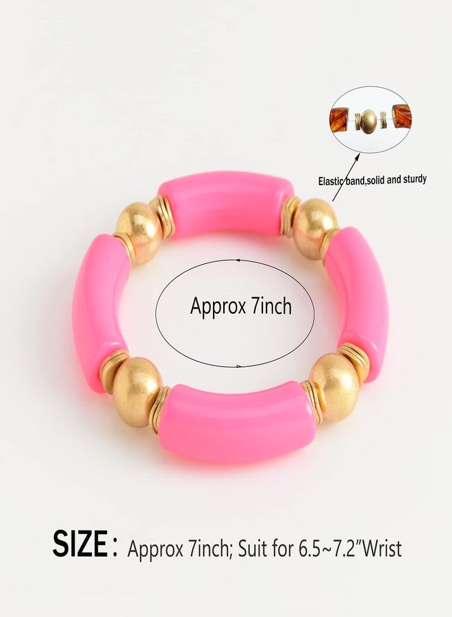 LALAPPLE Gold Plated Beaded Acrylic Bamboo Tube Bangle Bracelets for Women, Colorful Chunky Curved Tube With Gold Plated Pieces Beads Stretch Bracelet Friendship Summer Beach Jewelry, approximately 7 - Image 4