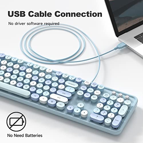 MOWUX Computer Keyboard Wired, Plug and Play USB Retro Round Typewriter Keyboard, Full Size Wired Keyboard with Foldable Stands for Laptop and Office PC- Blue Colorful - Image 2