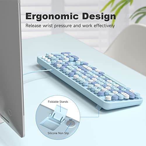 MOWUX Computer Keyboard Wired, Plug and Play USB Retro Round Typewriter Keyboard, Full Size Wired Keyboard with Foldable Stands for Laptop and Office PC- Blue Colorful - Image 5