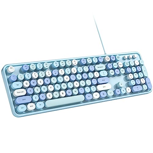 MOWUX Computer Keyboard Wired, Plug and Play USB Retro Round Typewriter Keyboard, Full Size Wired Keyboard with Foldable Stands for Laptop and Office PC- Blue Colorful - Image 1