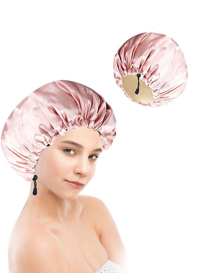 Waterproof Satin Double Sided Shower Bath Cap, Unisex Adjustable Drawstring High Stretch Hair Care Cap, Double Layers Silky Satin Pullover Cap (Pink)  - Image 1