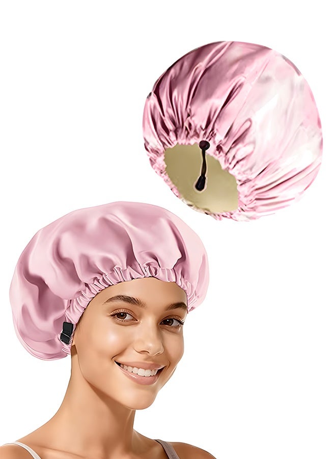 Waterproof Satin Double Sided Shower Bath Cap, Unisex Adjustable Drawstring High Stretch Hair Care Cap, Double Layers Silky Satin Pullover Cap (Pink) - Image 1