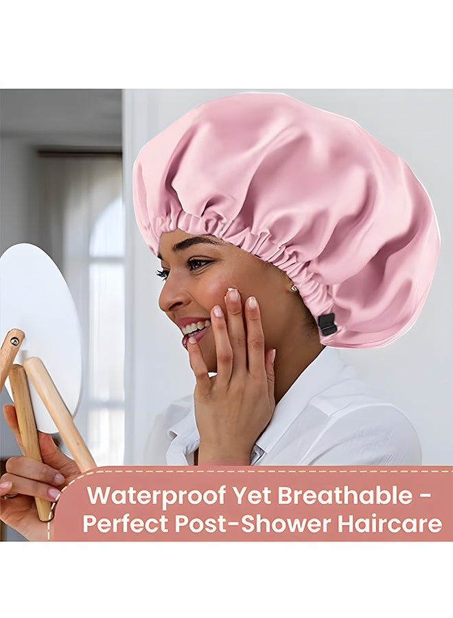 Waterproof Satin Double Sided Shower Bath Cap, Unisex Adjustable Drawstring High Stretch Hair Care Cap, Double Layers Silky Satin Pullover Cap (Pink) - Image 4