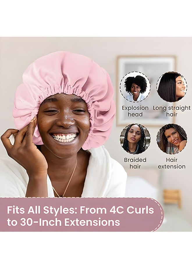 Waterproof Satin Double Sided Shower Bath Cap, Unisex Adjustable Drawstring High Stretch Hair Care Cap, Double Layers Silky Satin Pullover Cap (Pink) - Image 5
