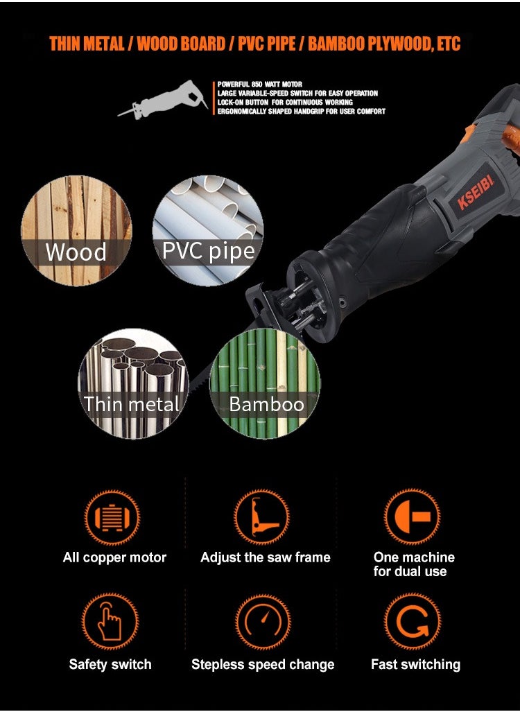KSEIBI - Reciprocating Saw 850w, High Performance, Sawing Capacity in Wood 180 Mm, In Metal 30 Mm, 2 Saw Blade for Woods/Metal/Plastic Cutting, Plumbing, Demolition Work, Pruning and Landscaping, Metal Cutting - Image 1