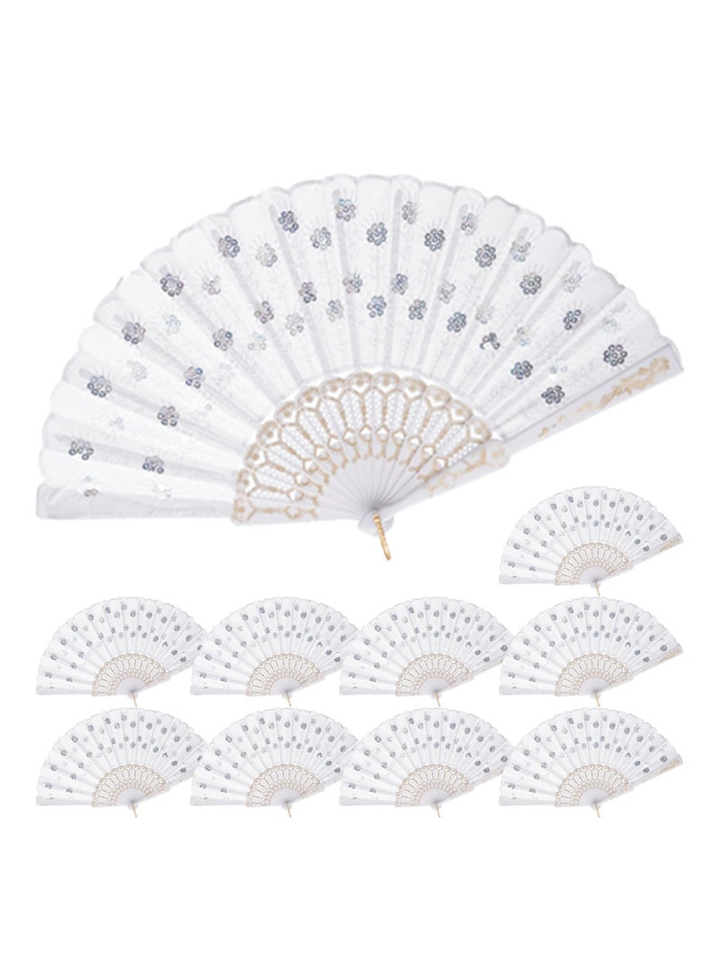 CMGTYYD Decorative Folding Hand Fans, White with Silver Floral Pattern, Pack of 10 (White) - Image 1