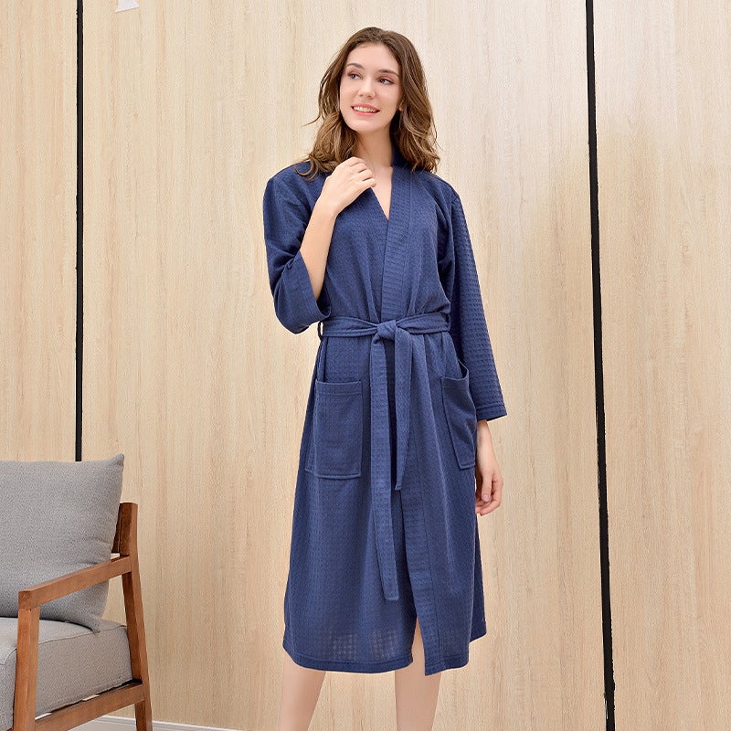 Long Thin Summer Couples Sleepwear Waffle Pattern Robe Mens Steam Bathing Suit Womens Comfortable Leisure Home Wear V-neck Polyester Fiber Tibetan blue waffle (unisex) 
