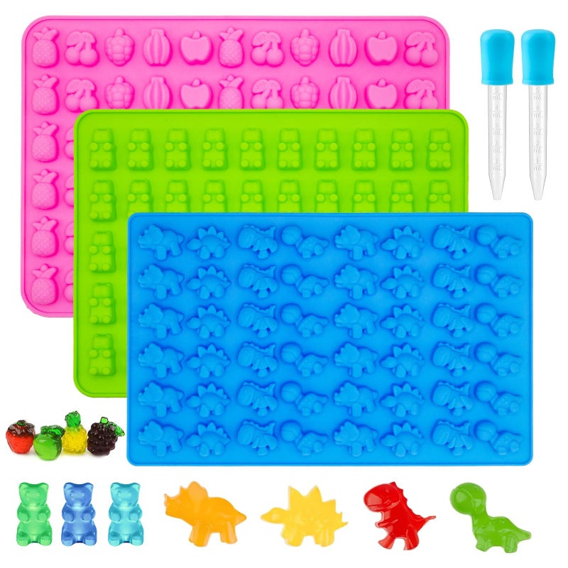 Ahorasky Gummy Candy Molds - Silicone Gummy Bear/Dinosaur/Fruit Snack Molds for Kids With 2pcs Dropper,Non-stick and Bpa Free for Mini Candy Chocolate Gummies Baking - Image 1