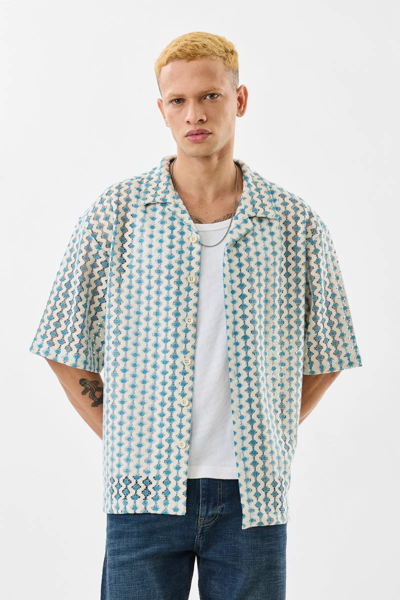 SNITCH Light Blue Textured Half Sleeve Boxy Shirt