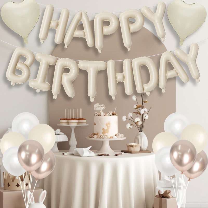Togvu Happy Birthday Balloon Banner Cream, 16 Inch Beige Mylar Letters Heart Foil Balloons Pearl White Sand White Metallic Champagne Gold Balloons Boho Neutral Birthday Decorations for Girls Women Boy Men - Image 3