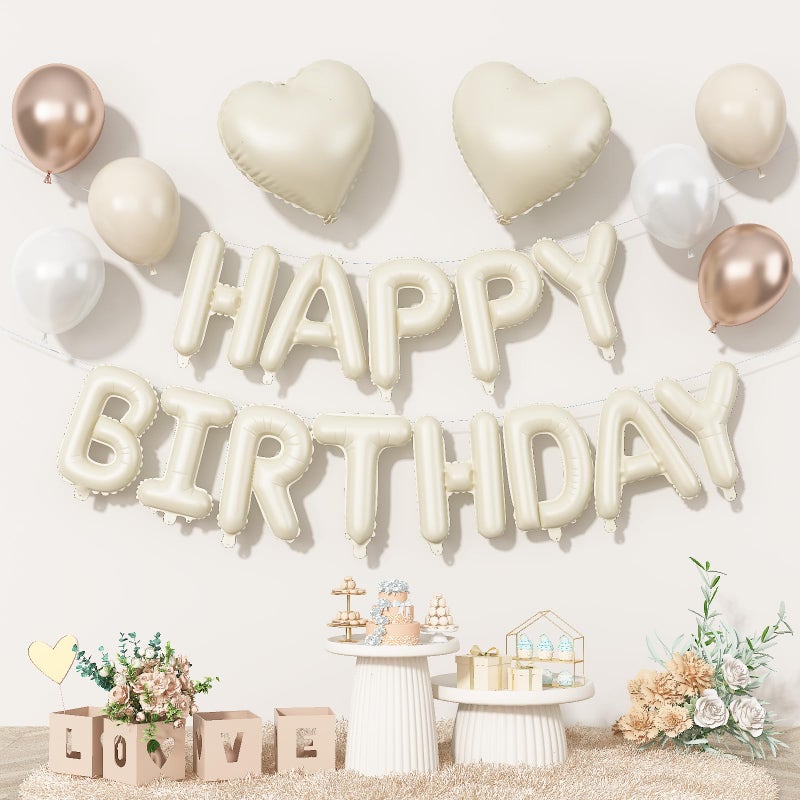 Togvu Happy Birthday Balloon Banner Cream, 16 Inch Beige Mylar Letters Heart Foil Balloons Pearl White Sand White Metallic Champagne Gold Balloons Boho Neutral Birthday Decorations for Girls Women Boy Men - Image 1