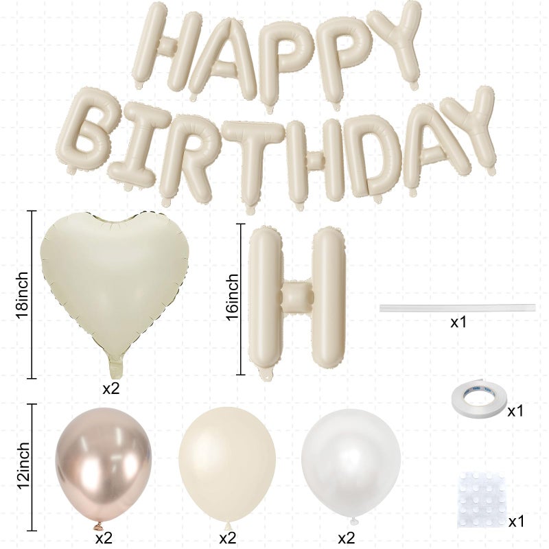 Togvu Happy Birthday Balloon Banner Cream, 16 Inch Beige Mylar Letters Heart Foil Balloons Pearl White Sand White Metallic Champagne Gold Balloons Boho Neutral Birthday Decorations for Girls Women Boy Men - Image 4