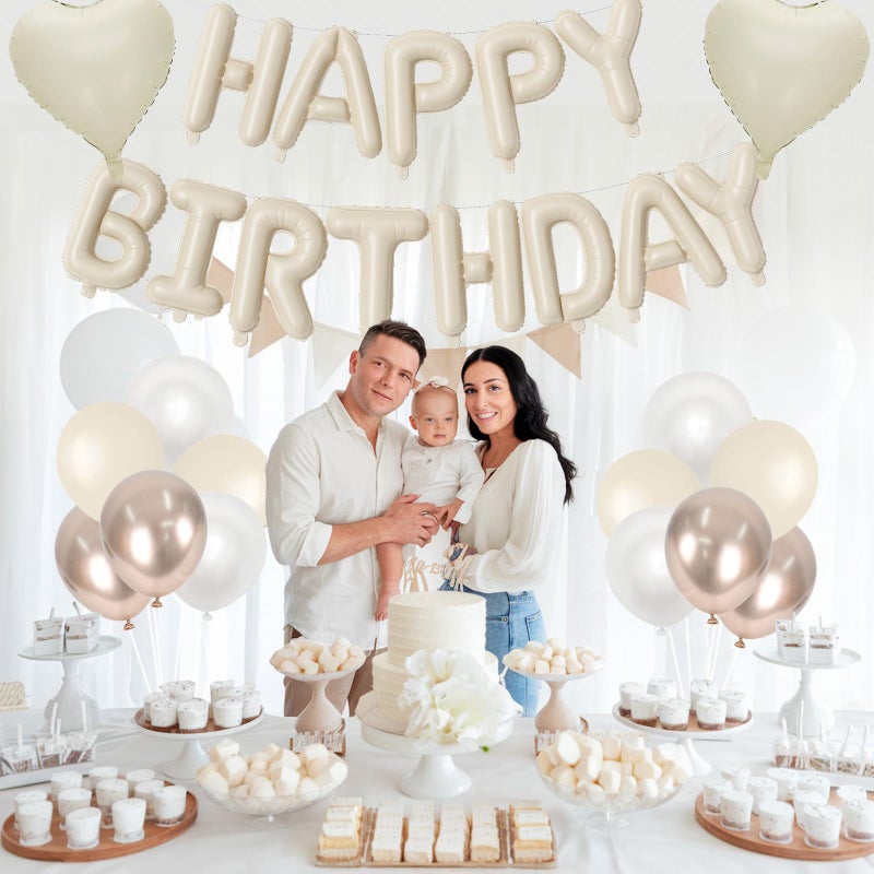 Togvu Happy Birthday Balloon Banner Cream, 16 Inch Beige Mylar Letters Heart Foil Balloons Pearl White Sand White Metallic Champagne Gold Balloons Boho Neutral Birthday Decorations for Girls Women Boy Men - Image 5
