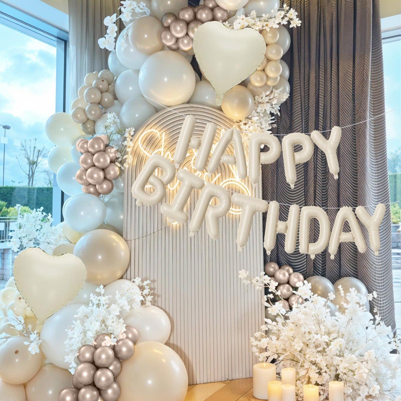 Togvu Happy Birthday Balloon Banner Cream, 16 Inch Beige Mylar Letters Heart Foil Balloons Pearl White Sand White Metallic Champagne Gold Balloons Boho Neutral Birthday Decorations for Girls Women Boy Men - Image 2