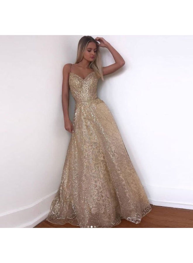 NIBEMINENT Spring Summer European Women's Dress Sleeveless Deep V Splash Gold Suspenders Swing Dress - Image 1