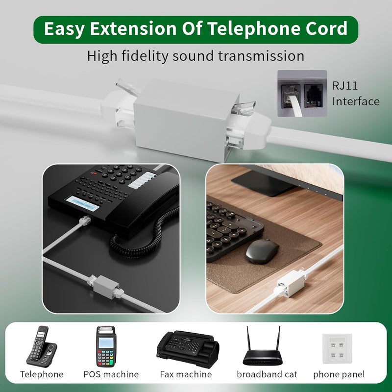 HIFIND Telephone Extension Cord 50 Ft, Anti-UV Weatherproof Phone Cable Line Wire with Standard RJ11 Plug for Landline Modem Fax Machine Outdoor with 1 in-Line Coupler&Clip Holders -Flat-White - Image 4