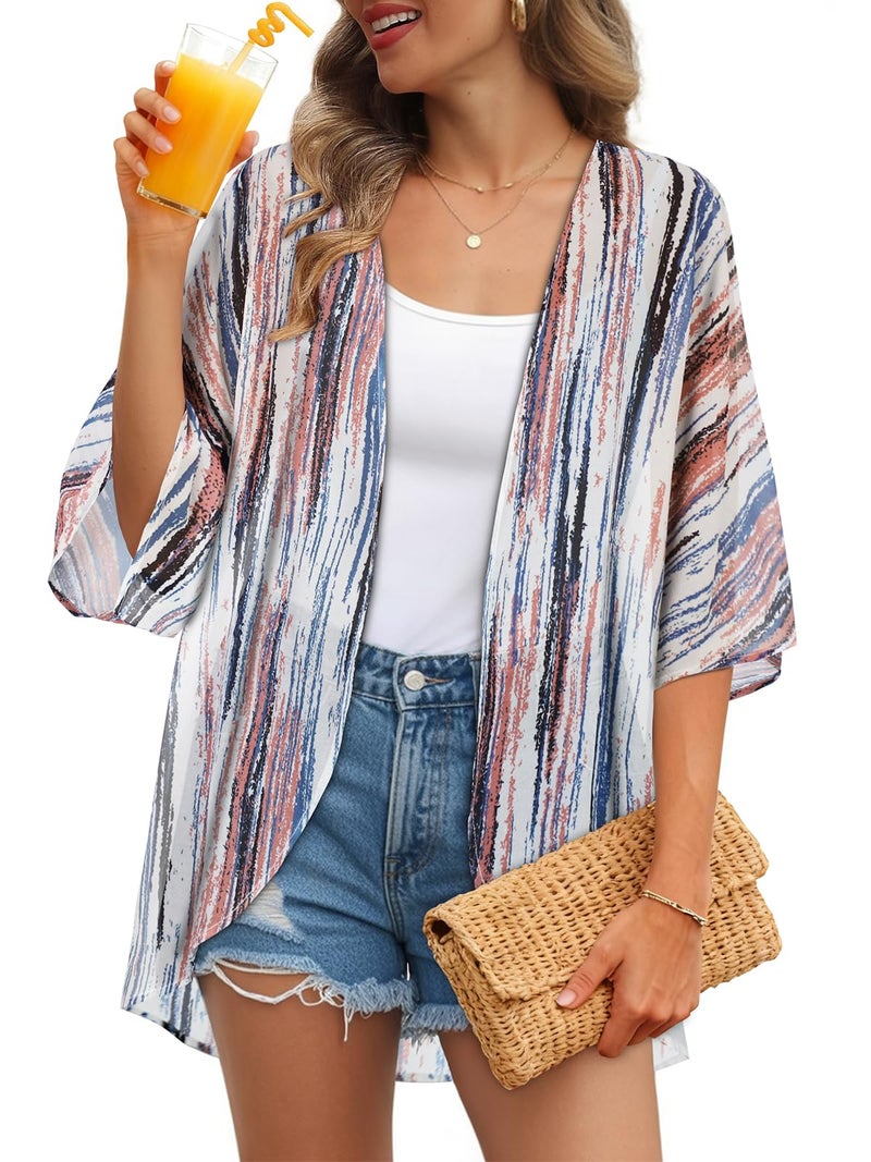 JILUVIN Womens Kimono Cardigans Beach Cover ups Swimwear Puff Sleeve Loose Casual Summer Tops (Tiedye Multi,L) - Image 1