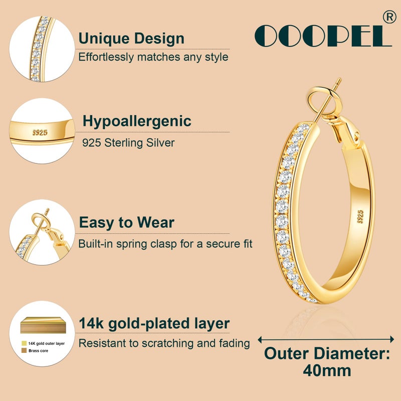 OOOPEL Large Rhinestone Hoop Earrings for Women Shiny Crystal Big 14K Gold Plated Hoops Non Tarnish Sparkly Cubic Zirconia Earring Hoops Hypoallergenic Chunky Large CZ Gold Hoop Earrings - Image 4