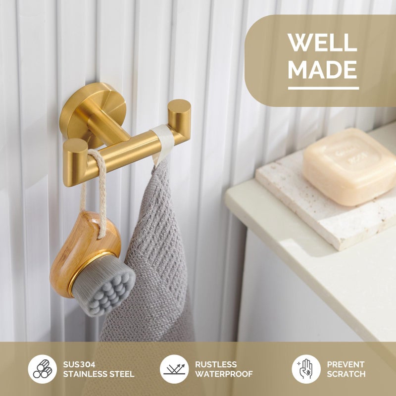 Angle Simple Bathroom Double Hook Brushed Gold, SUS304 Stainless Steel Bath Towel Holder, Double Robe Hanger Wall Mount - Image 5