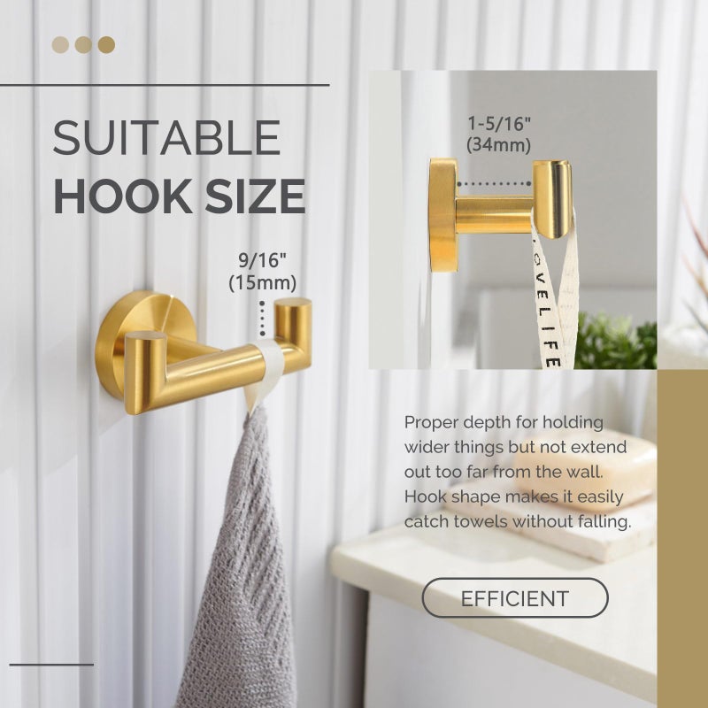 Angle Simple Bathroom Double Hook Brushed Gold, SUS304 Stainless Steel Bath Towel Holder, Double Robe Hanger Wall Mount - Image 3