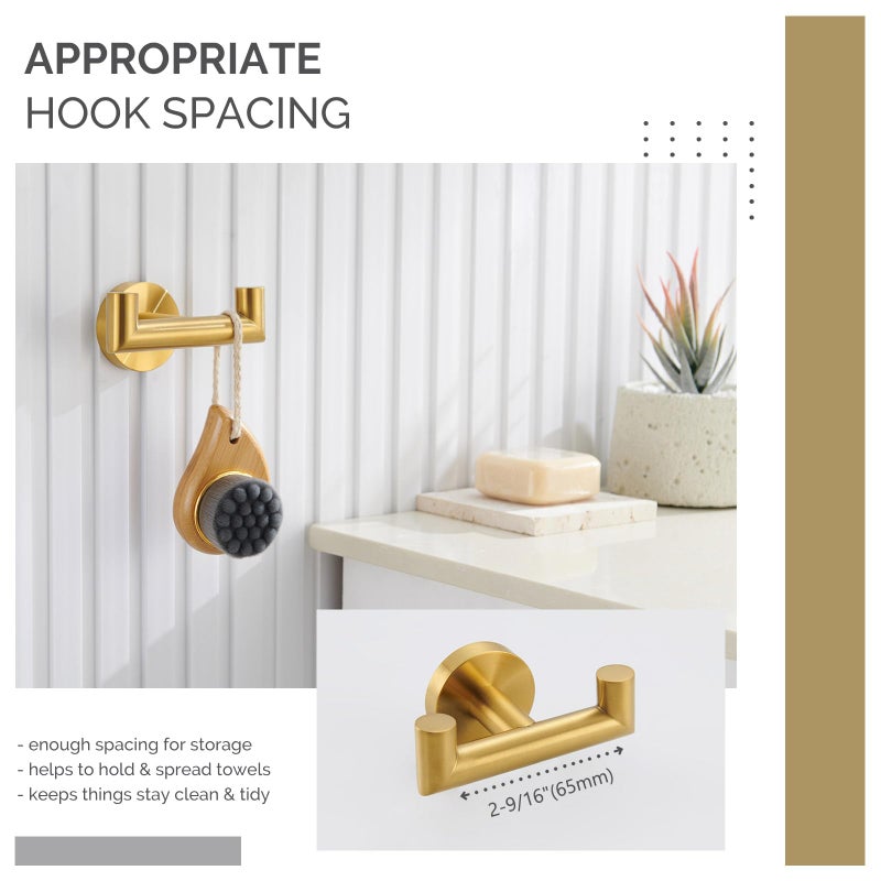 Angle Simple Bathroom Double Hook Brushed Gold, SUS304 Stainless Steel Bath Towel Holder, Double Robe Hanger Wall Mount - Image 4