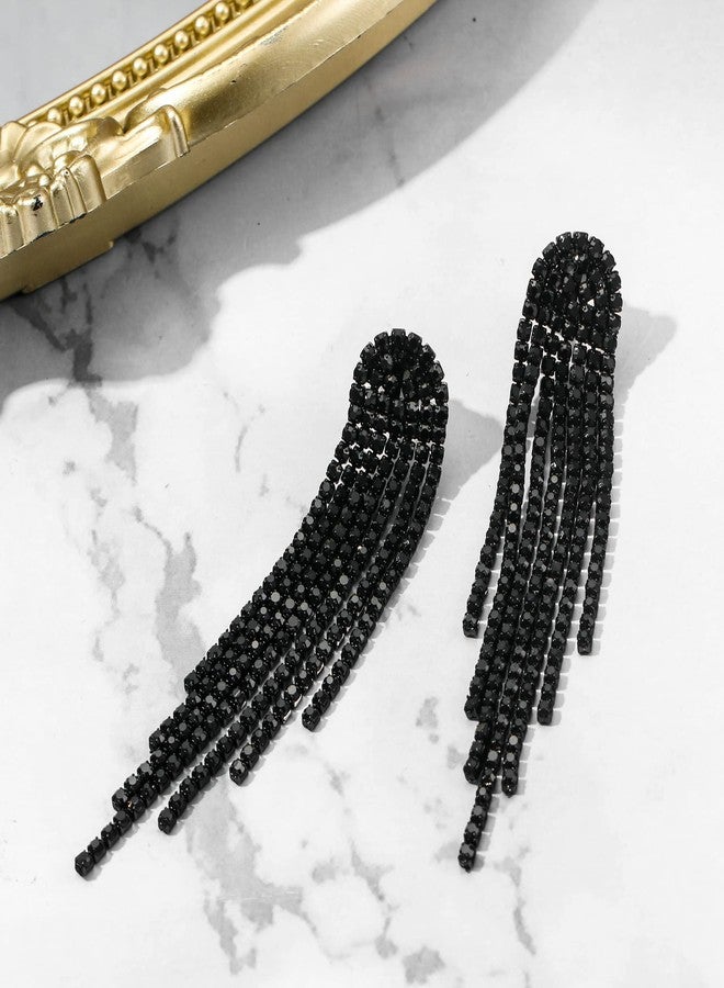 بريلوف أقراط بريلوف بمشبك، سوداء اللون، مرصعة بأحجار الراين المتدلية، بتصميم ثريا طويل لامع، مزينة بشرابة كريستالية. - Image 5