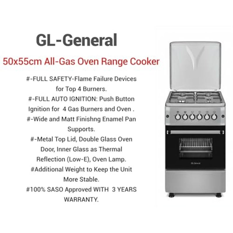 GL 50x55cm 4 Burner Gas Cooking Ranger, Total Safety, Upand down Oven Heating, Auto Burner, Double Glass Oven Door - Image 4
