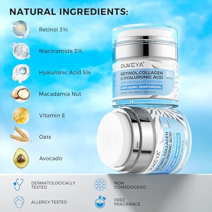 OUKEYA Retinol Cream for Face,Wrinkle for Women, Anti-Aging Moisturizer, Neck Firming & Décolleté, Moisturizer Face Cream, Day Night with 5% Hyaluronic Acid - Image 2