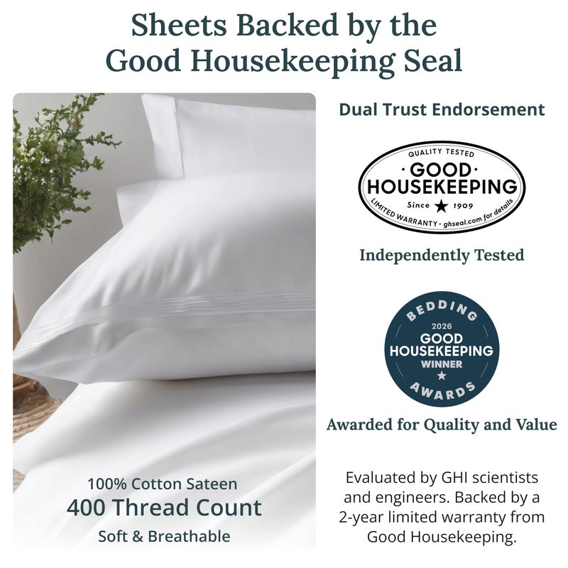 California Design Den Natural 100% Cotton Bed Sheets Queen Size Set - 400 Thread Count Sateen, Deep Pocket Queen Sheets Set with All Around Elastic, Soft, Durable Bedding - Silver - Image 2