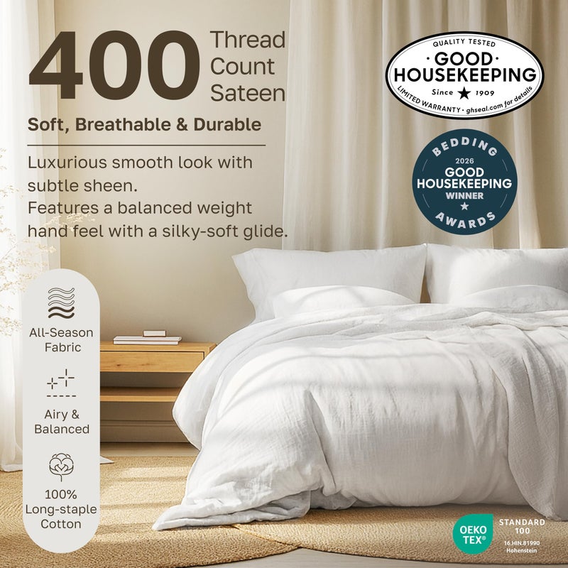 California Design Den Natural 100% Cotton Bed Sheets Queen Size Set - 400 Thread Count Sateen, Deep Pocket Queen Sheets Set with All Around Elastic, Soft, Durable Bedding - Silver - Image 3