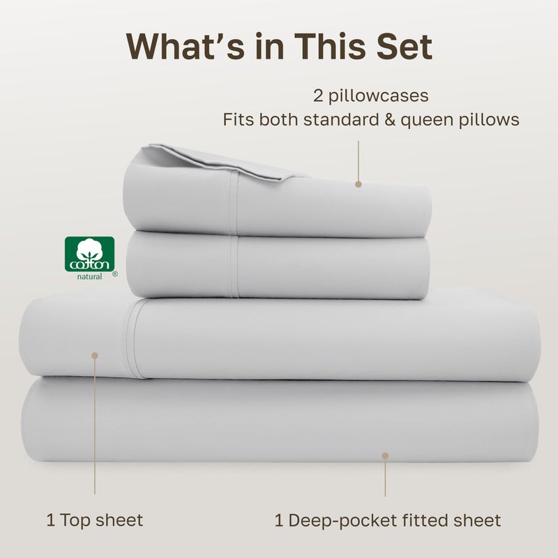 California Design Den Natural 100% Cotton Bed Sheets Queen Size Set - 400 Thread Count Sateen, Deep Pocket Queen Sheets Set with All Around Elastic, Soft, Durable Bedding - Silver - Image 4