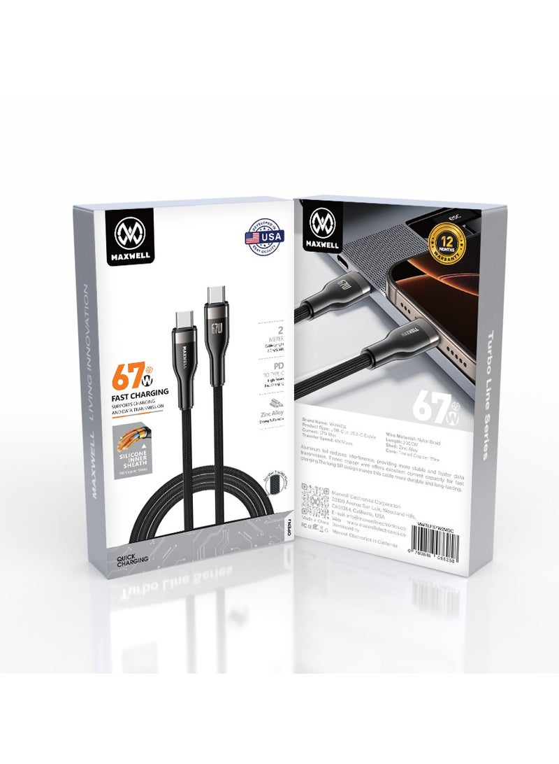 Maxwell Electronics Maxwell Turbo Line Series Cable USB-C to USB-C (2 Meter) Fast Charging Compatible with iPhone 16 Pro Max Samsung Galaxy S25, iPhone 15 Pro Max, etc. 67W Fast Charging and Data Transmission Nylon Braided Cable - Image 2