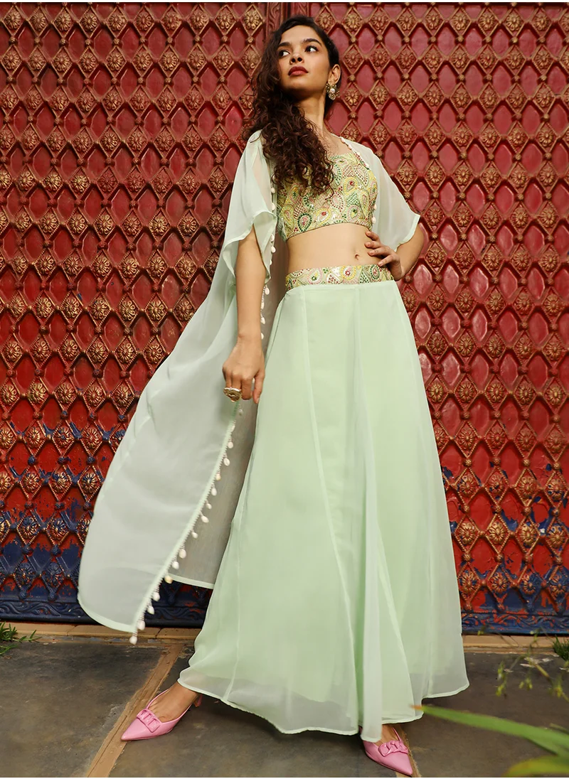 QISSA Women's Sage Green Paisley Flared Co-Ord Set